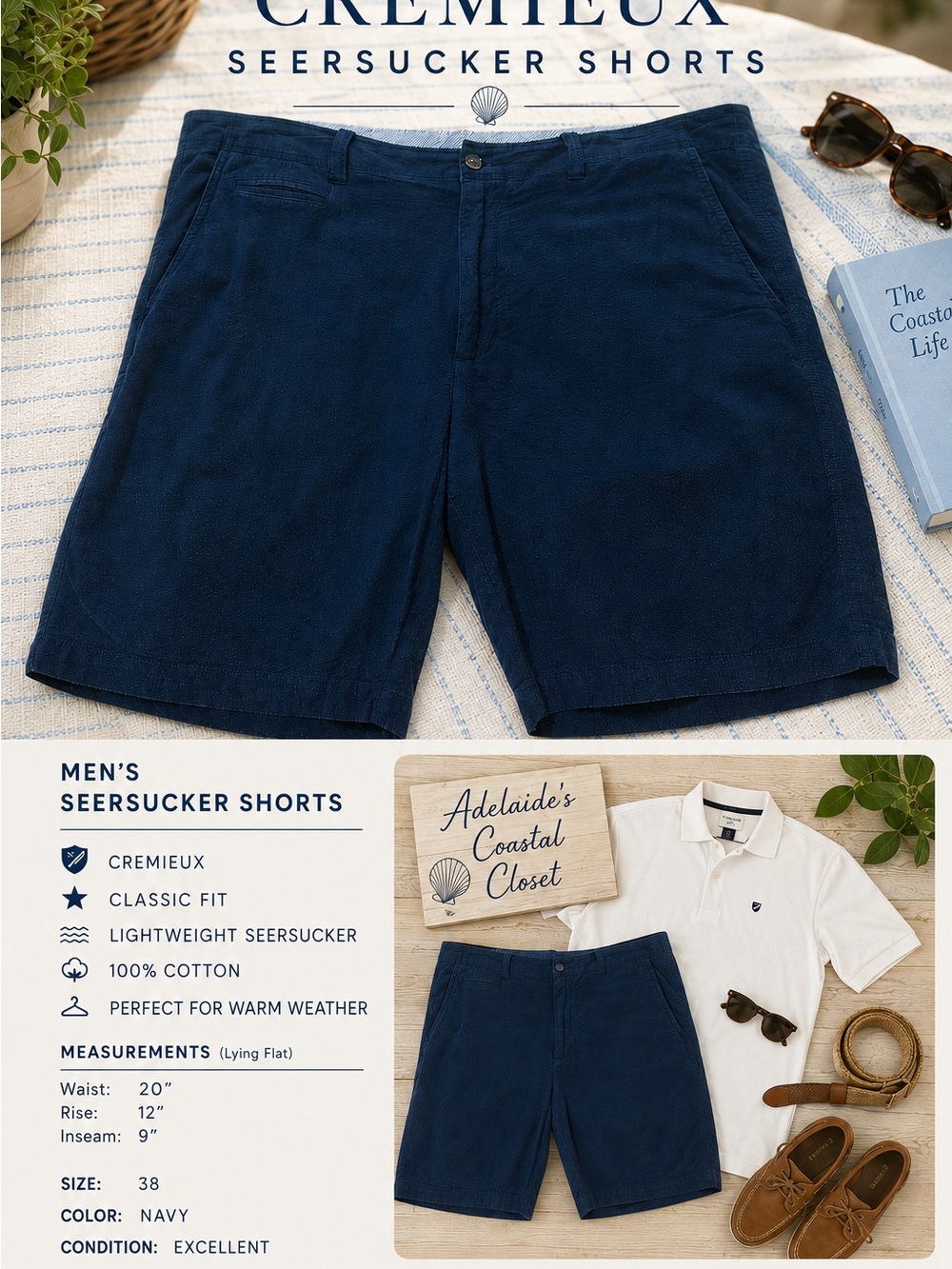 Cremieux Men’s Navy Seersucker Shorts Size 38 100% Cotton 9” Inseam